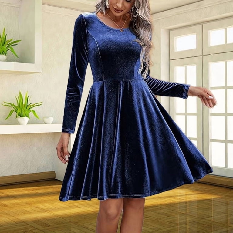 Autumn Winter Velvet Party Dresses High Waist O-Neck Large Swing Formal  Dress Office Lady Solid A-Line Cocktail Prom Dress Elegant Atmospheric  Tight Fitting Woman Clothes Blue S
