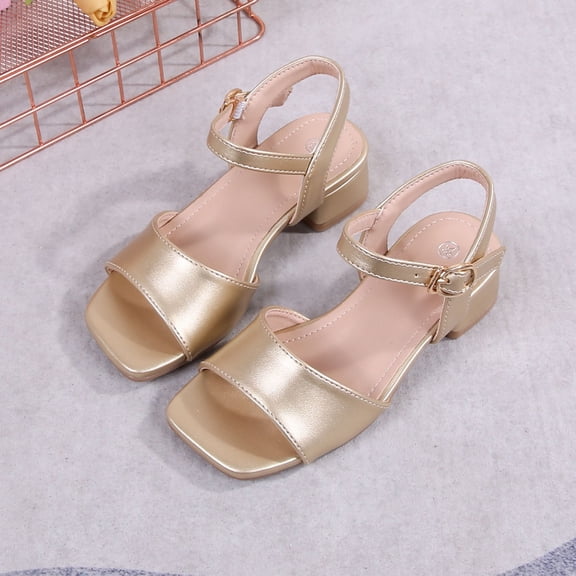 hengsof Girls' Solid Color Chunky Heel Sandals Versatile Strappy Mid Heel Sandals Suitable for Children Aged 4-10 Fashionable Open Toe High Heels for Summer
