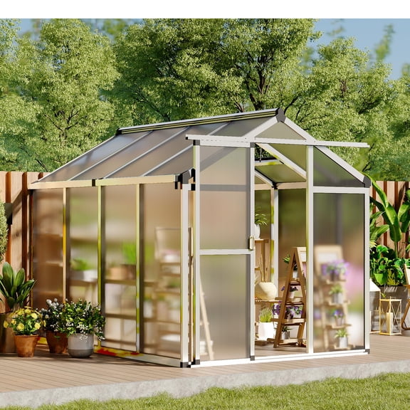 6 X 8 FT Greenhouse, Outdoor Greenhouses, Polycarbonate Panels with Aluminum Frame, Adjustable Roof Vent and Lockable Door, Green Houses for Outside Backyard, Garden, Patio