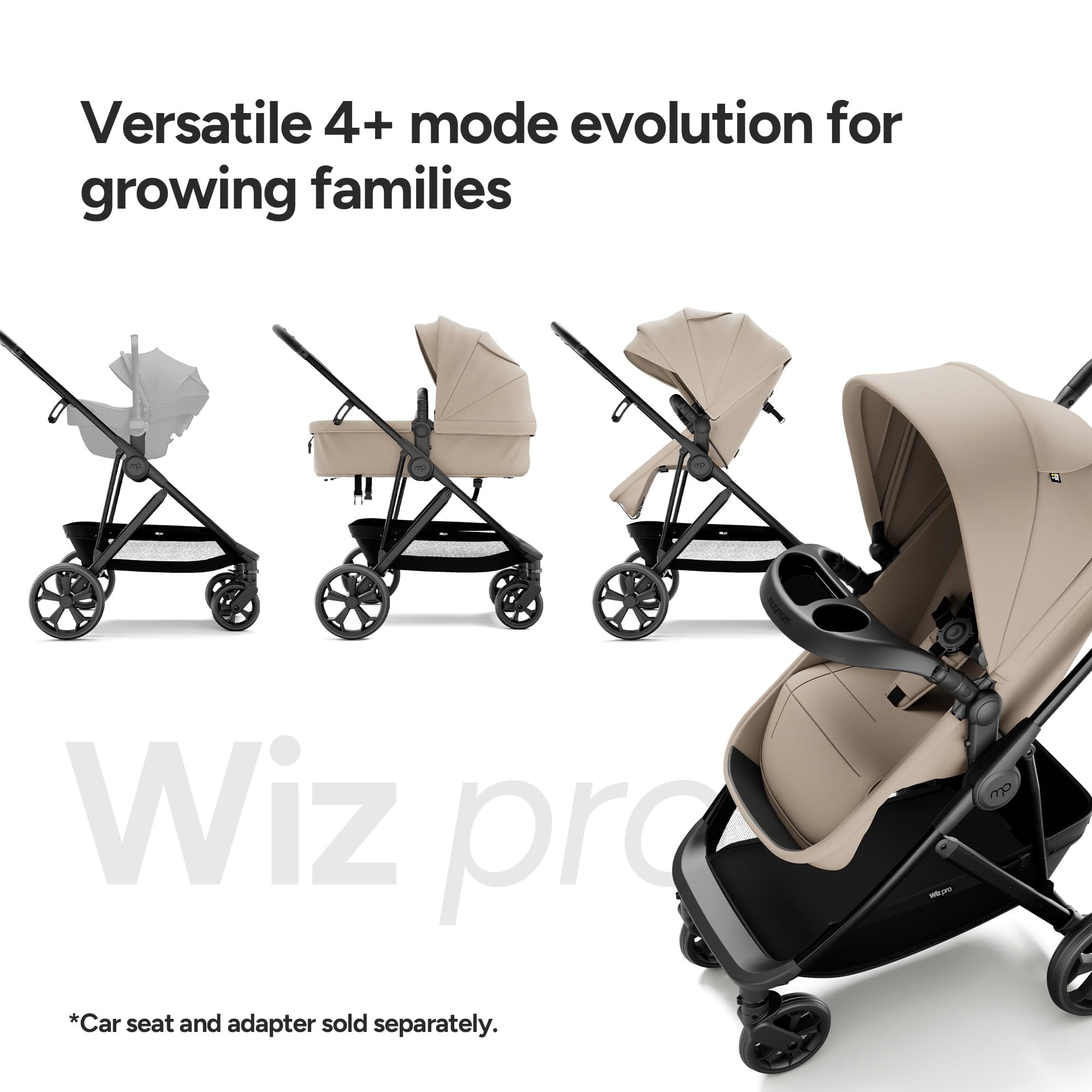 Mompush Wiz Pro 2-in-1 Baby Stroller with Bassinet Mode, Full-Size All-Terrain Premium Stroller from Newborn to Toddler, Khaki, 23.8LB, Unisex