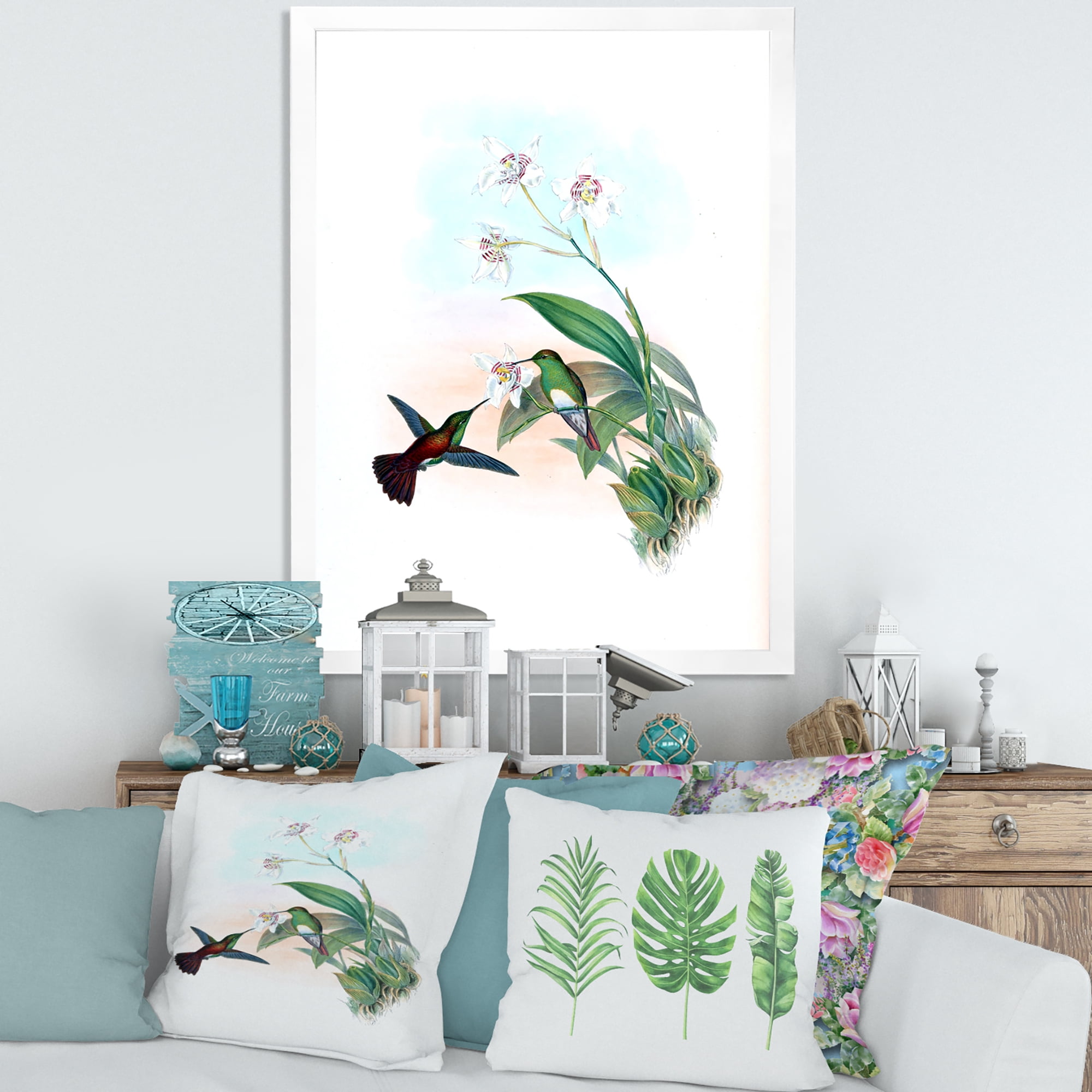 Designart 'Historic Hummingbird Flying To A Flower' Traditional Framed Art Print