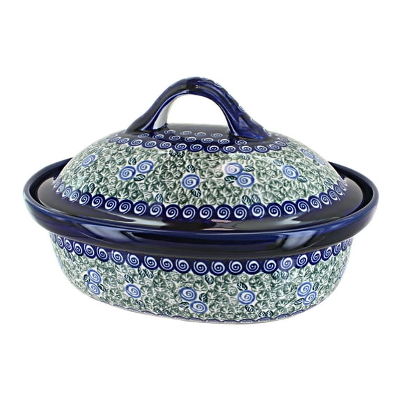 Blue Rose Polish Pottery Seaside Swirl Roaster with Lid