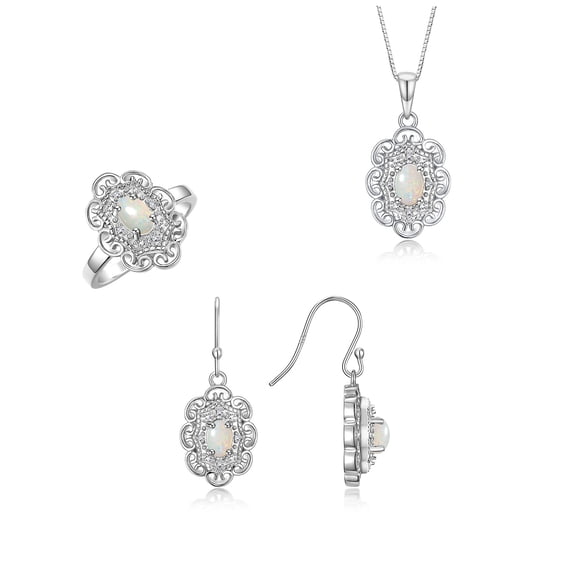 RYLOS Matching Jewelry Sterling Silver Floral Halo Pendant Necklace, Earrings & Ring. Gemstone & Genuine Diamonds, 18" Chain. 6X4MM Opal African October Birthstone; Size 9