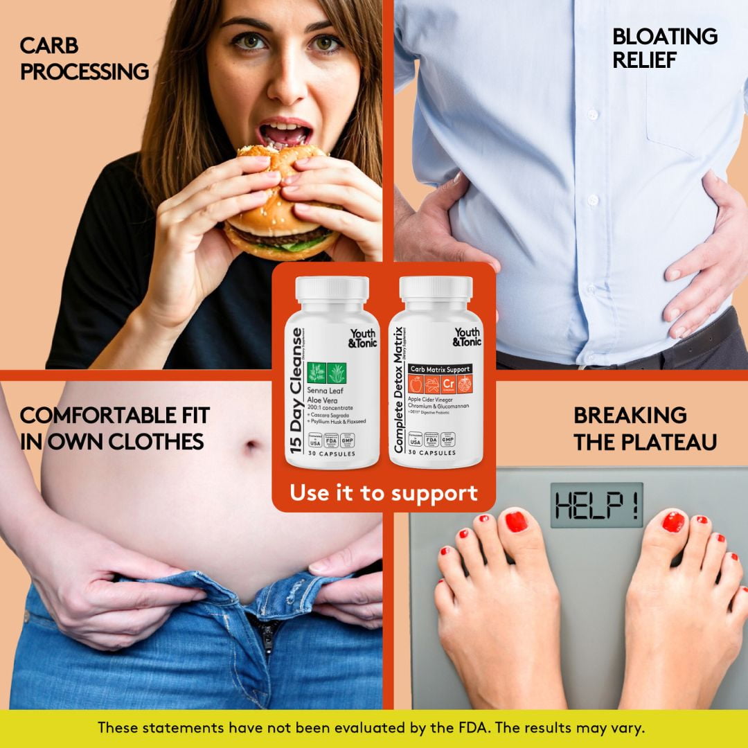 Youth & Tonic Herbal Colon Cleanser and Detox Weight Loss Pills with Senna Chromium ACV Probiotics