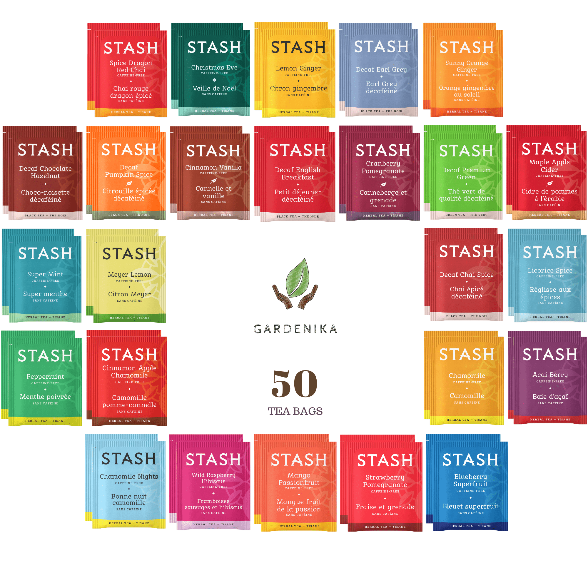 Stash Herbal and Decaf Tea Sampler, Caffeine Free - 50 Ct, 25 Flavors