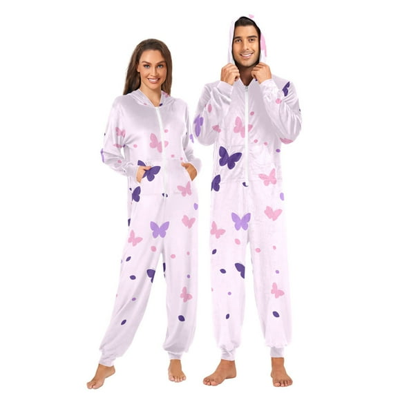 Pink Butterflies Adult onesie Pajamas, Crystal Velvet Ultra Soft Warm Jumpsuit for Men and Women