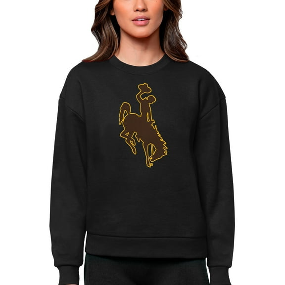 Women's Antigua Black Wyoming Cowboys Victory Crewneck Pullover Sweatshirt