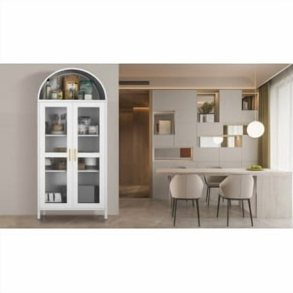 Rugerasy 73 inch Tall Metal Arched Cabinet,Freestanding Cabinet with Glass Door, 2 Adjustable Shelves,Modern Farmhouse Display Bookshelf, for Home,White