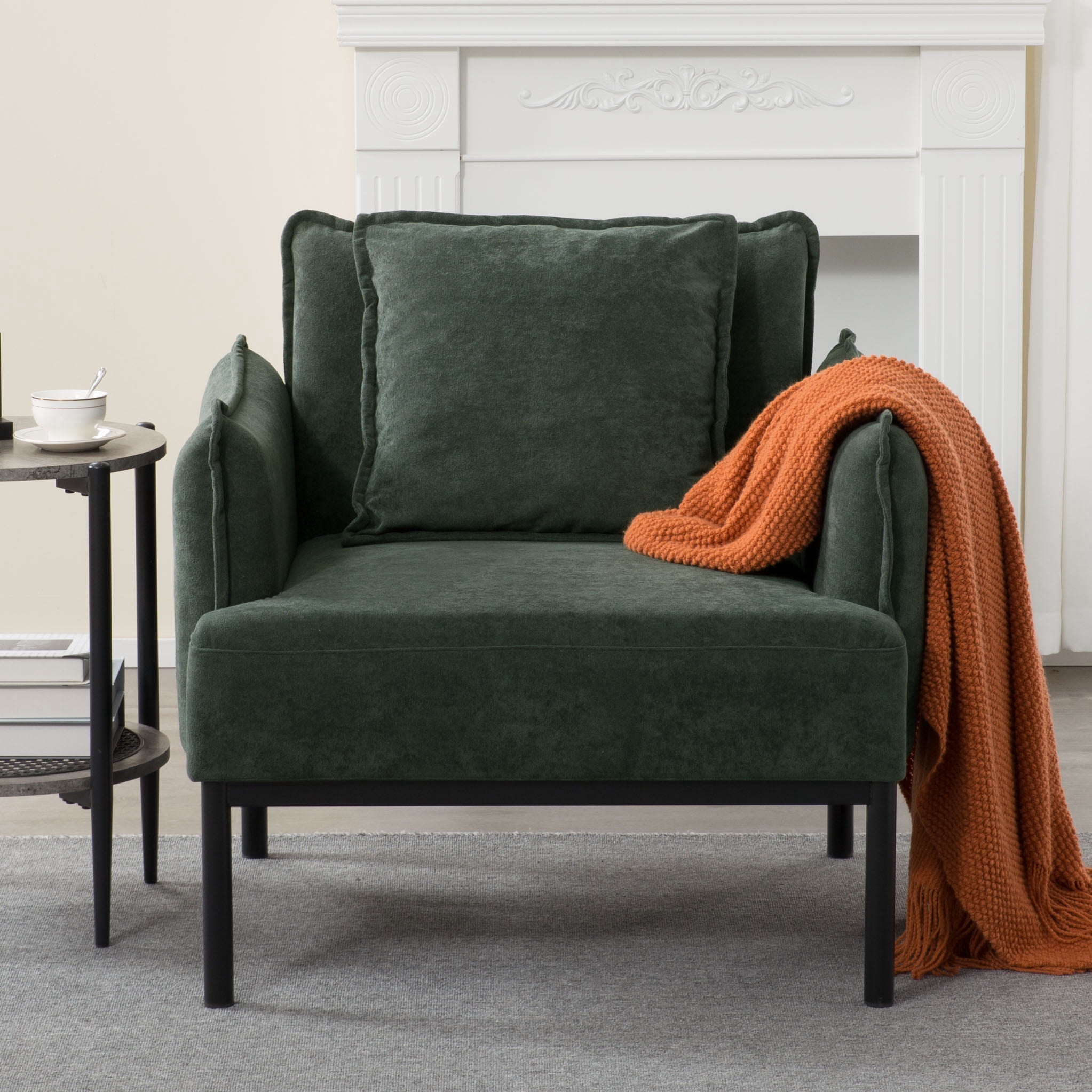 BSHTI 32.48" Modern Accent Chair with Curved Armrest, Upholstered Living Room Chair with Pillow, Solid Wood Frame & Metal Base, Non-Slip, Easy Assembly, Green