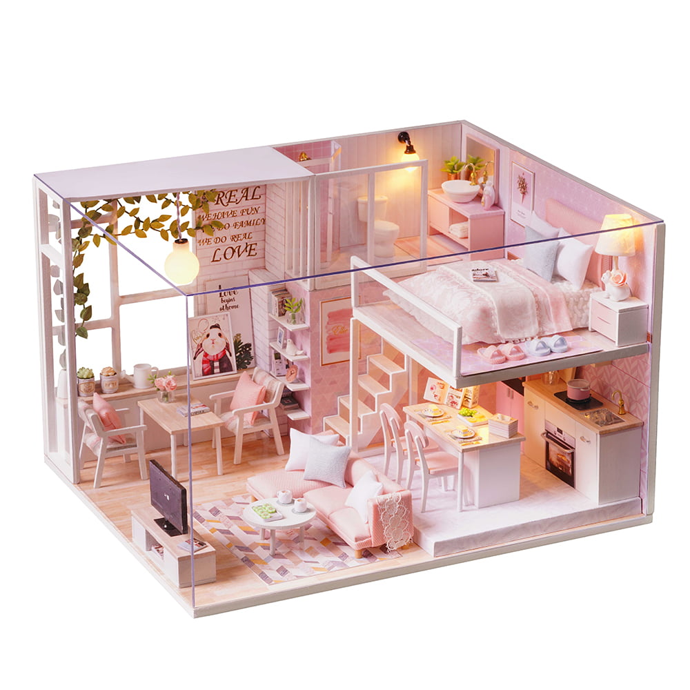 LED Light Music DIY Dollhouse Kit Miniature Furniture Mini Wooden Loft Apartment 