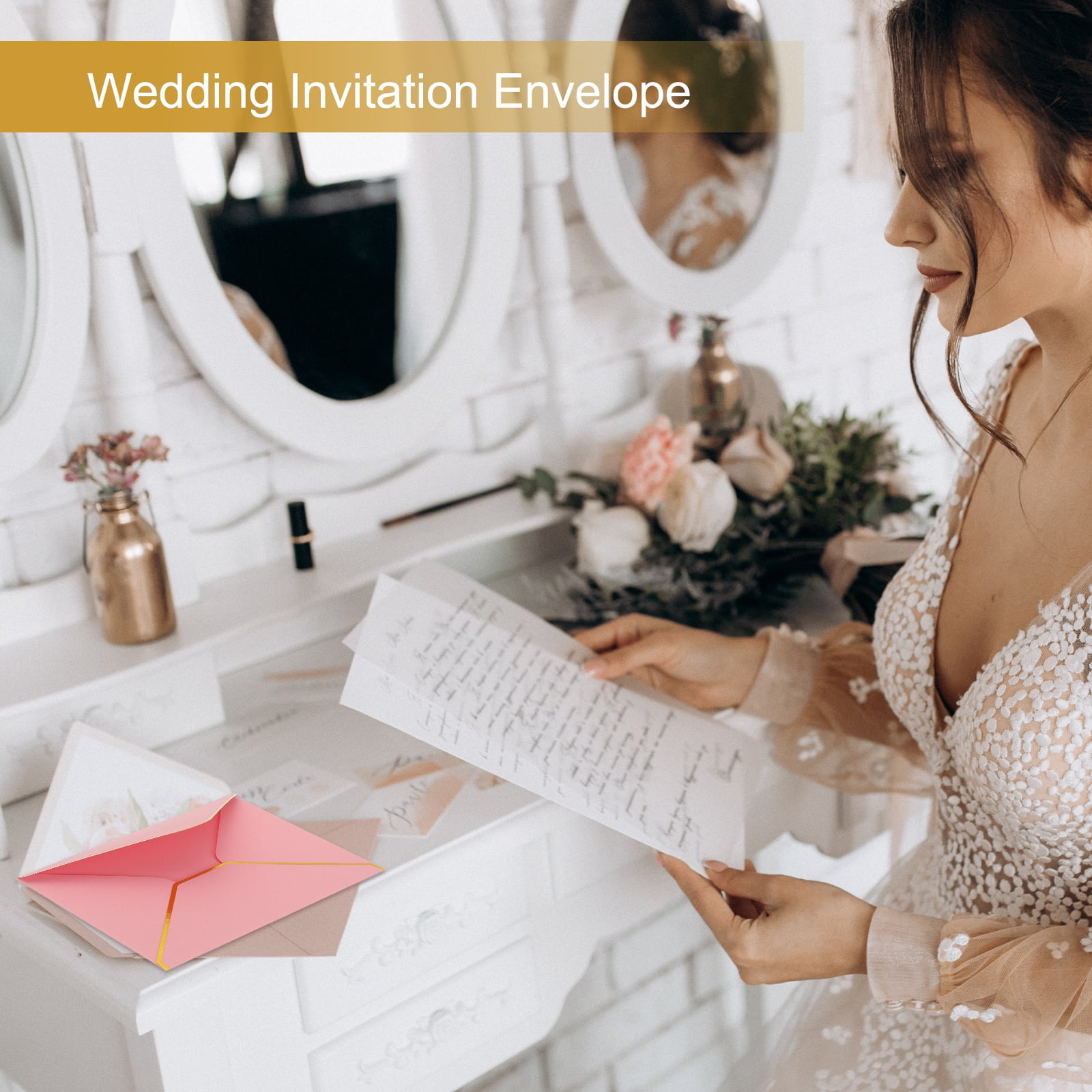 Uxcell 50 Pack A7 Envelopes, 5x7 Card V Flap Envelope Round Edge Valentine Envelopes with Gold Border for Office Wedding Card Invitations Graduation Party Gift, Beige