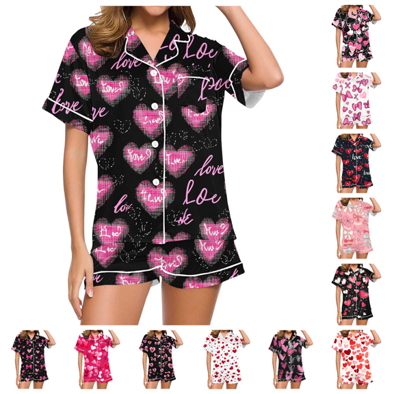 Lovzfmll Pajama Set for Women, Valentine's Day Print Short Sleeve Set, Collared Pocket Top & Shorts, Casual Home Sleepwear Black-A, S