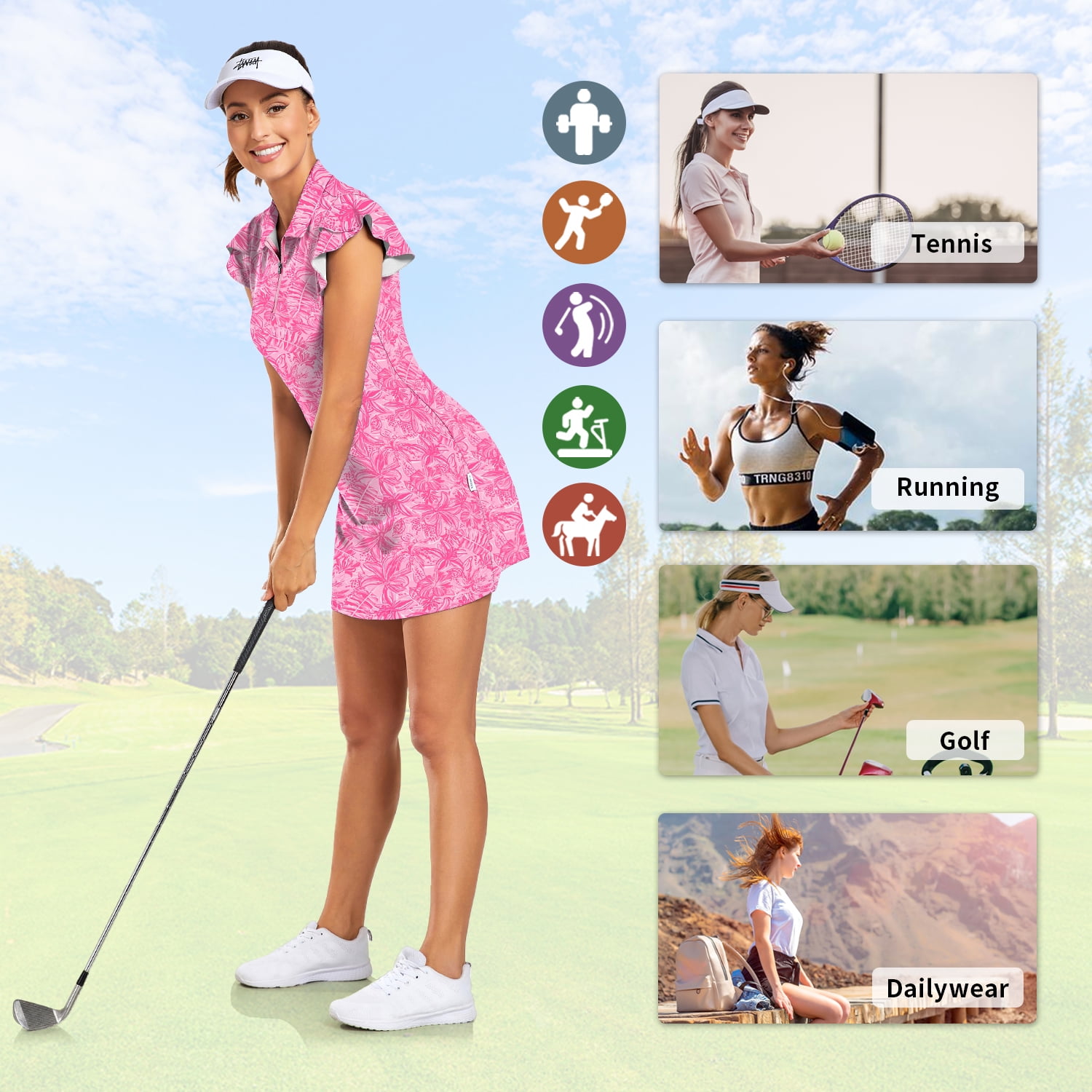 Women’s Floral Ruffle Sleeve Tennis Dress with 1/4 Zip and Built-in Shorts Athletic Tennis Dress with Pockets