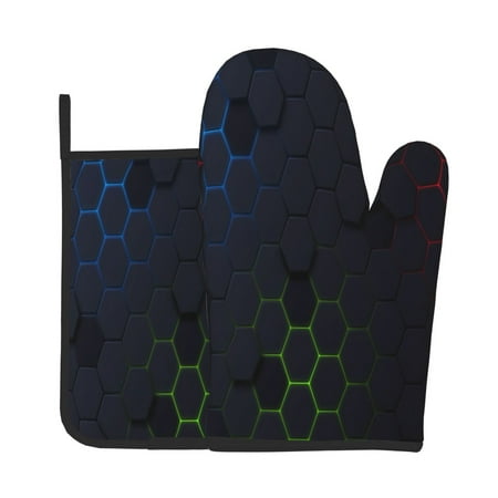 

Vsdgher Modern Hexagonal Neon Grid Oven Mitts and Pot Holders 2 pcs Set High Heat Resistant Kitchen Oven Glove for Baking and Cooking