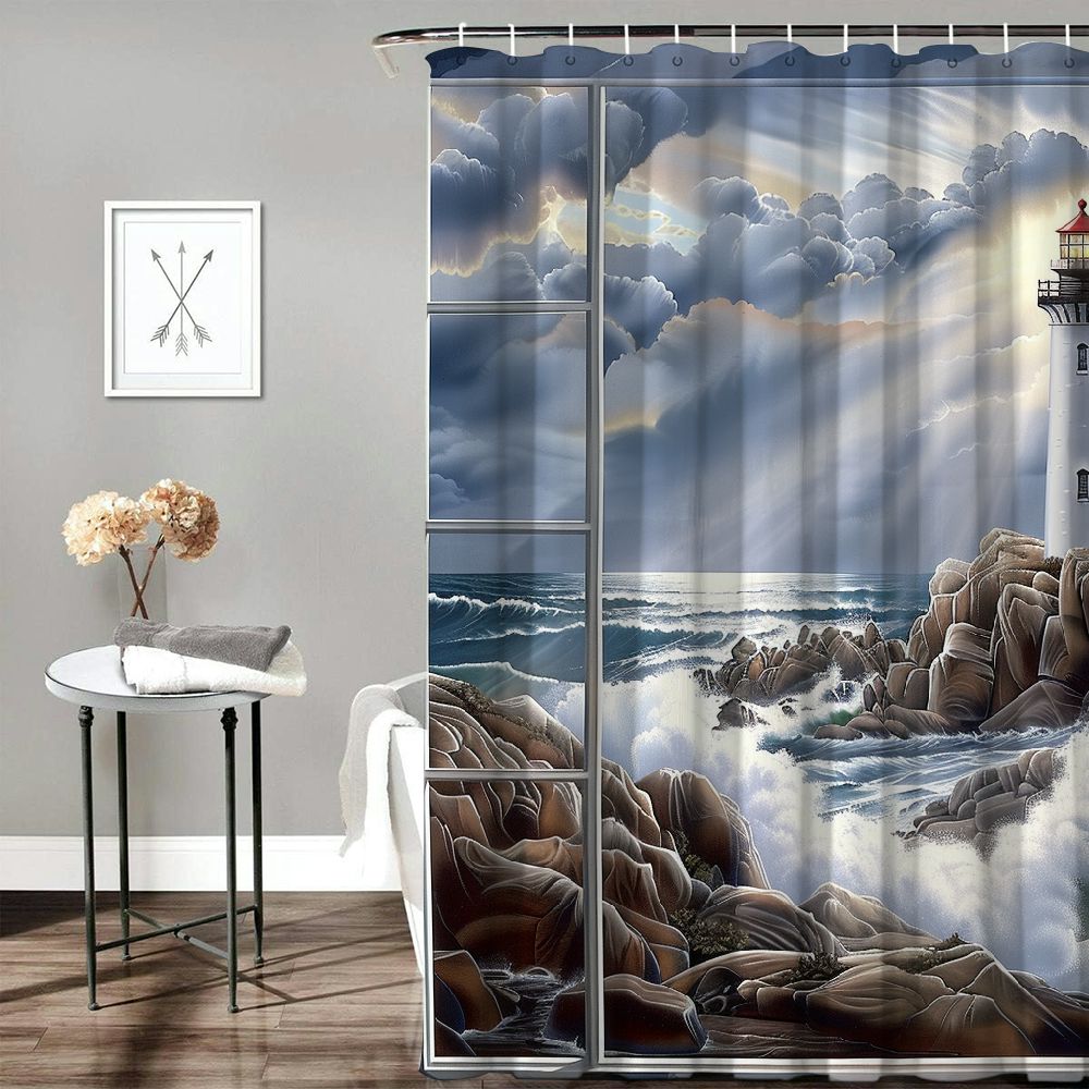 PRATYUS Lighthouse Waves Rocks Shower Curtain for Bathroom Decor Polyester Washable Shower Curtain with Hooks 69"x72