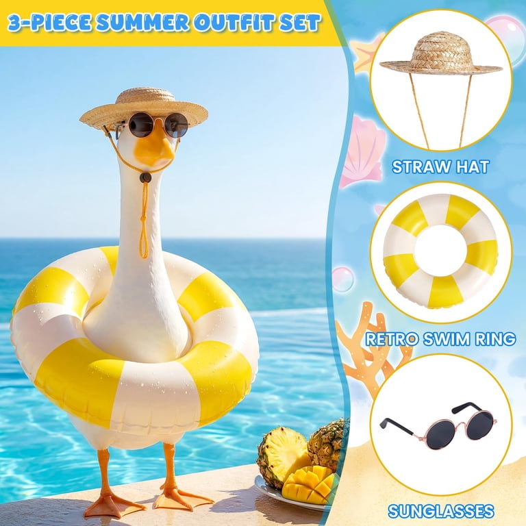 beach themed fancy dress 3PCS Summer Porch Goose Outfit, Beach-Themed Costume with Straw Hat, Retro Swim Ring, and Sunglasses, Fits Lawn Goose Statues style-number: KWD715 Size:Medium 10 Willa Ruffle Dress in
