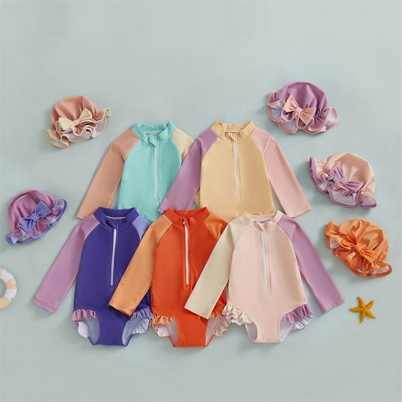 QNANSPI Girls 1 Piece Swimsuit, Beach Swimwear for Kids, 0-24 Months Infant Solid Color Long Sleeve One-Piece Swimsuit Partial Zip with Hat for Beach Pool