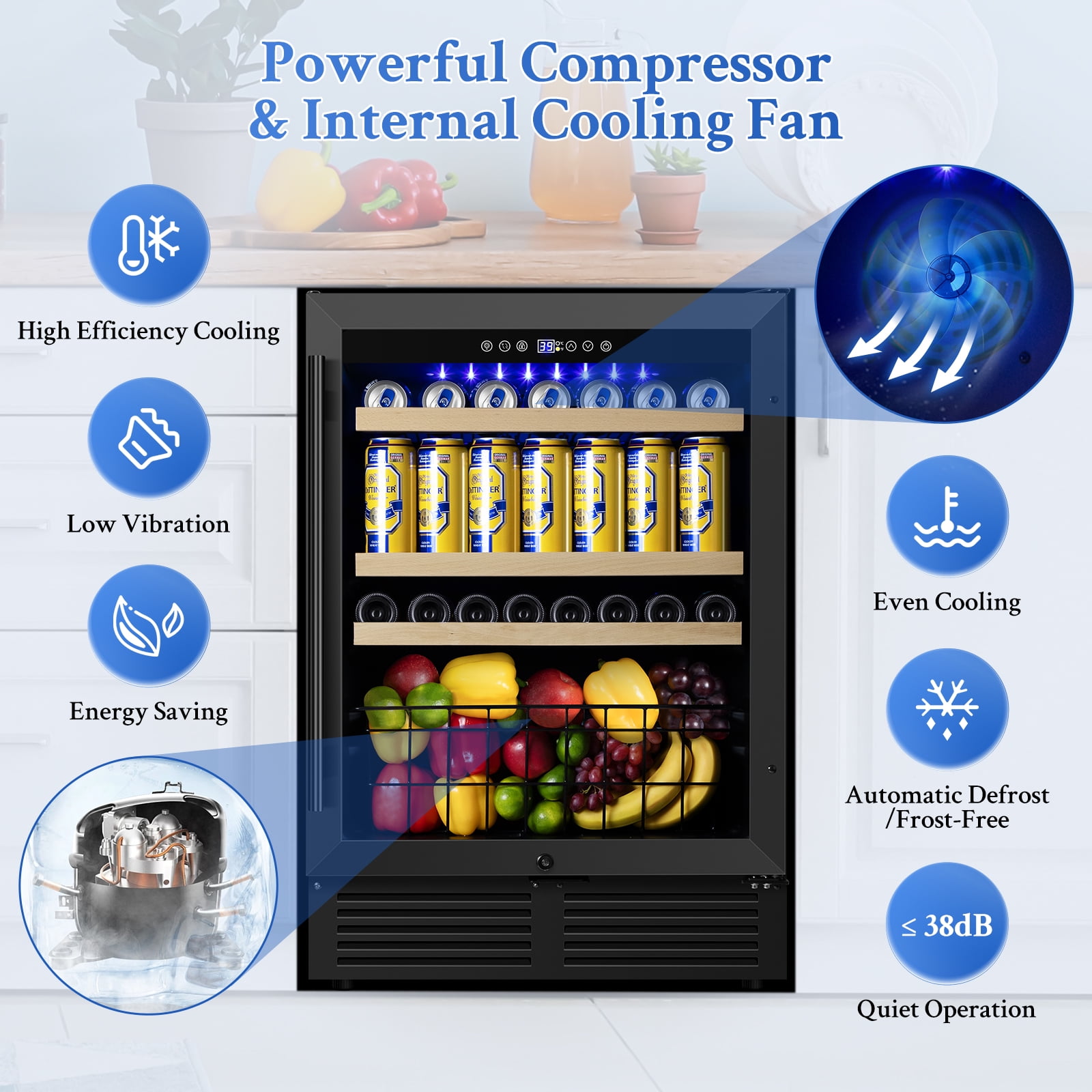 TITTLA 24 Inch Beverage Refrigerator Cooler,180 Cans,Built in,37°-65°F, Low Noise Energy Saving for Beer and Soda or Fruit, Black