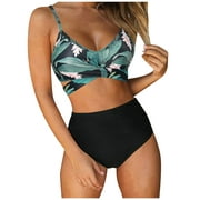 Bikinis For Women Criss Cross High Waisted String Floral Printed 2 Piece Bathing Swimsuit