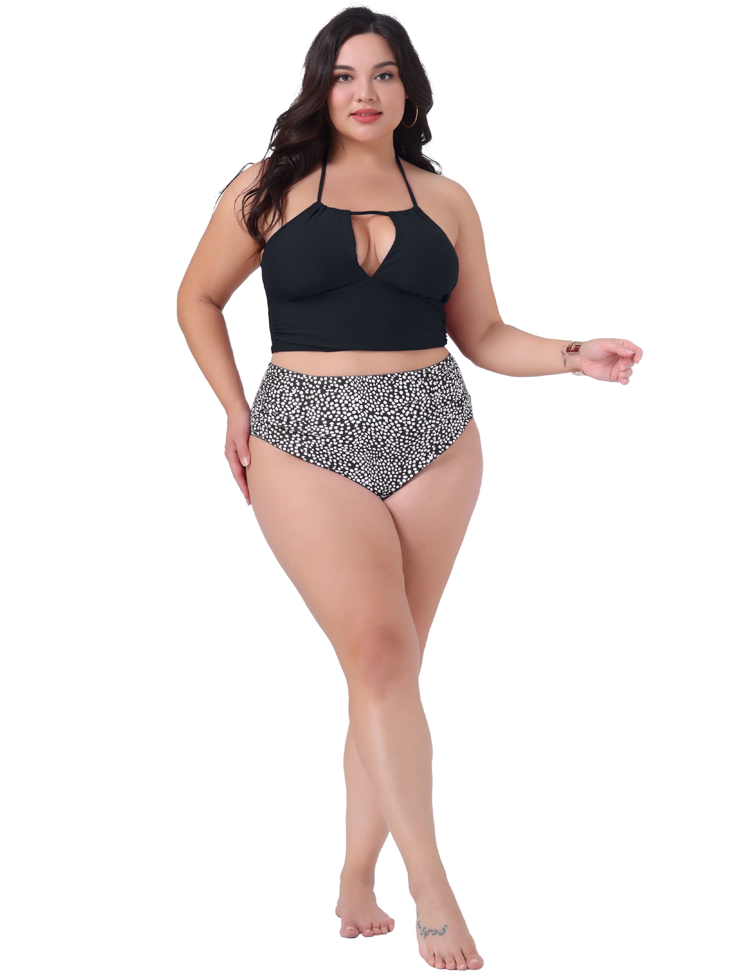 DARING DIVA Plus Size Halter Ruched Bathing Suit Set for Women 4X Black White