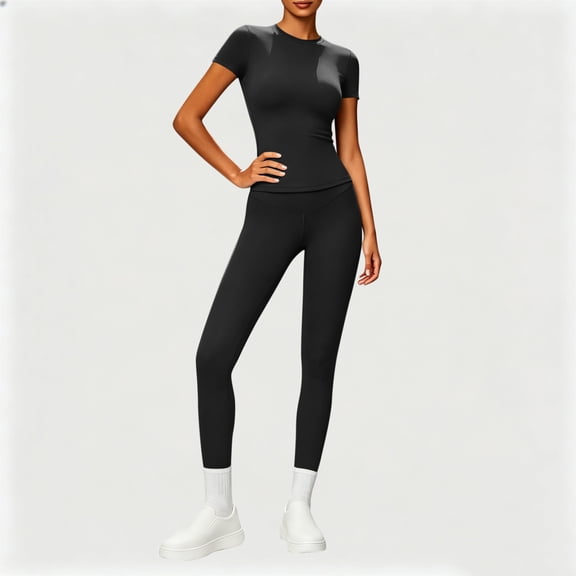 Usloyux Women's 2 Piece Outfits Casual Lounge Set Short Sleeve Round Neck T-Shirt with Elastic Waist Leggings Matching Two Piece Tracksuit, Black L