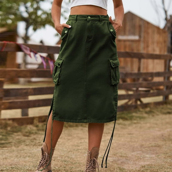 Women's Cargo Skirt Knee Length Summer Skirt High Waisted Y2K Short Skort Army Green XL