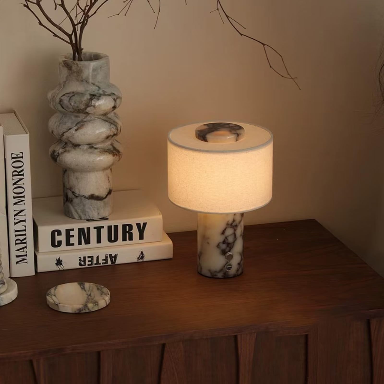 Marble Luxury Stone Rechargeable Touch Table Lamp, Cylindrical Shape, Linen Cloth Fiber Lampshade, High-End and Light Luxury, Bedroom Bedside Table Night Light（Black, White）