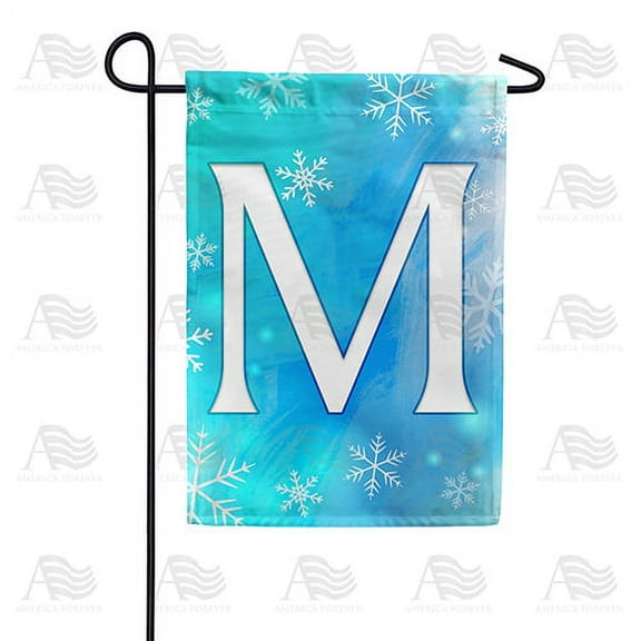 America Forever Winter Monogram Letter M Garden Flag Vertical Double Sided 12.5 x 18 inches Blue Snowflake Winter Holiday Seasonal Flags for Outdoor, Yard, Porch Decoration Snowfall Garden Flag