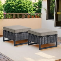 PARKWELL 2PCS Patio Rattan Ottoman Seat Foot Rest Side Table with Cushions for Indoor Outdoor,Gray