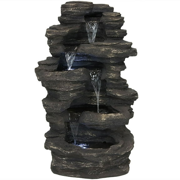 Sunnydaze Rocky Falls Polystone Outdoor Water Fountain with Lights