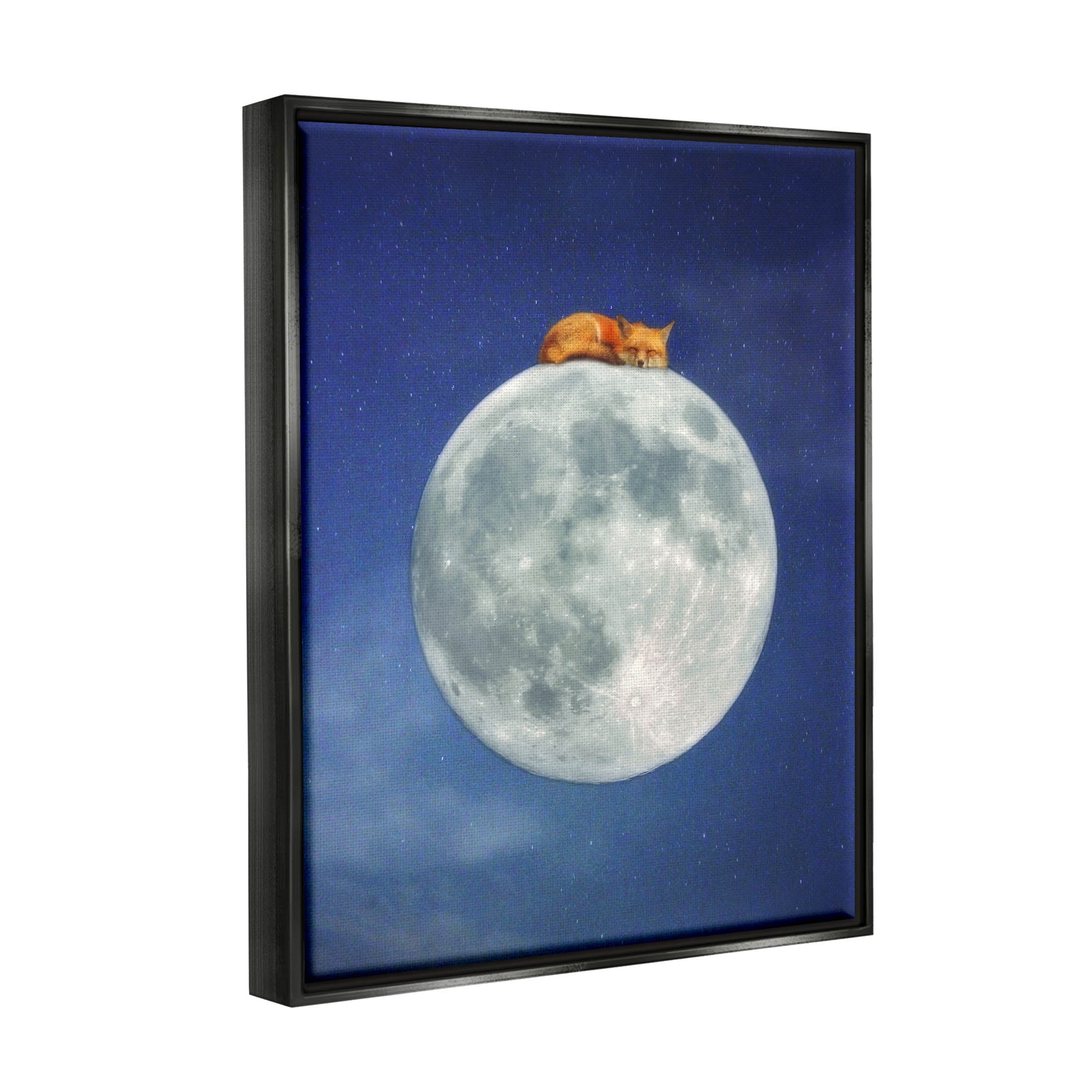 Stupell Industries Fox Sleeping Night Sky Moon Graphic Art Jet Black Floating Framed Canvas Print Wall Art, Design by Carrie Ann Grippo-Pike
