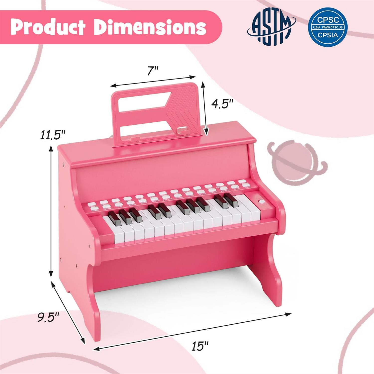 Spaco 25-Key Piano Keyboard for Music Learning, Teaching Mode & Record Function, Adjustable Speed, Pink
