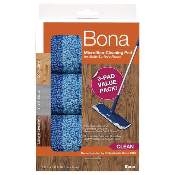 Bona 5.12 x 18.31 in. Cleaning Microfiber Mop Pad, Blue - Pack of 3