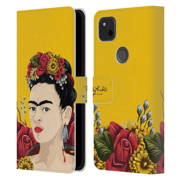Head Case Designs Officially Licensed Frida Kahlo Red Florals Portrait Leather Book Wallet Case Cover Compatible with Google Pixel 4a
