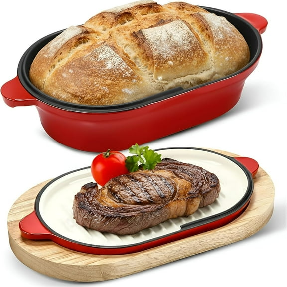 Cast Iron Bread Loaf Pan Set with Lid 2 in 1 Pre Seasoned Cast Iron Dutch Oven Pot Bread Cooking Pan with Dual Handles and Wooden Plate for Homemade Frying Sourdough Baking(Red)