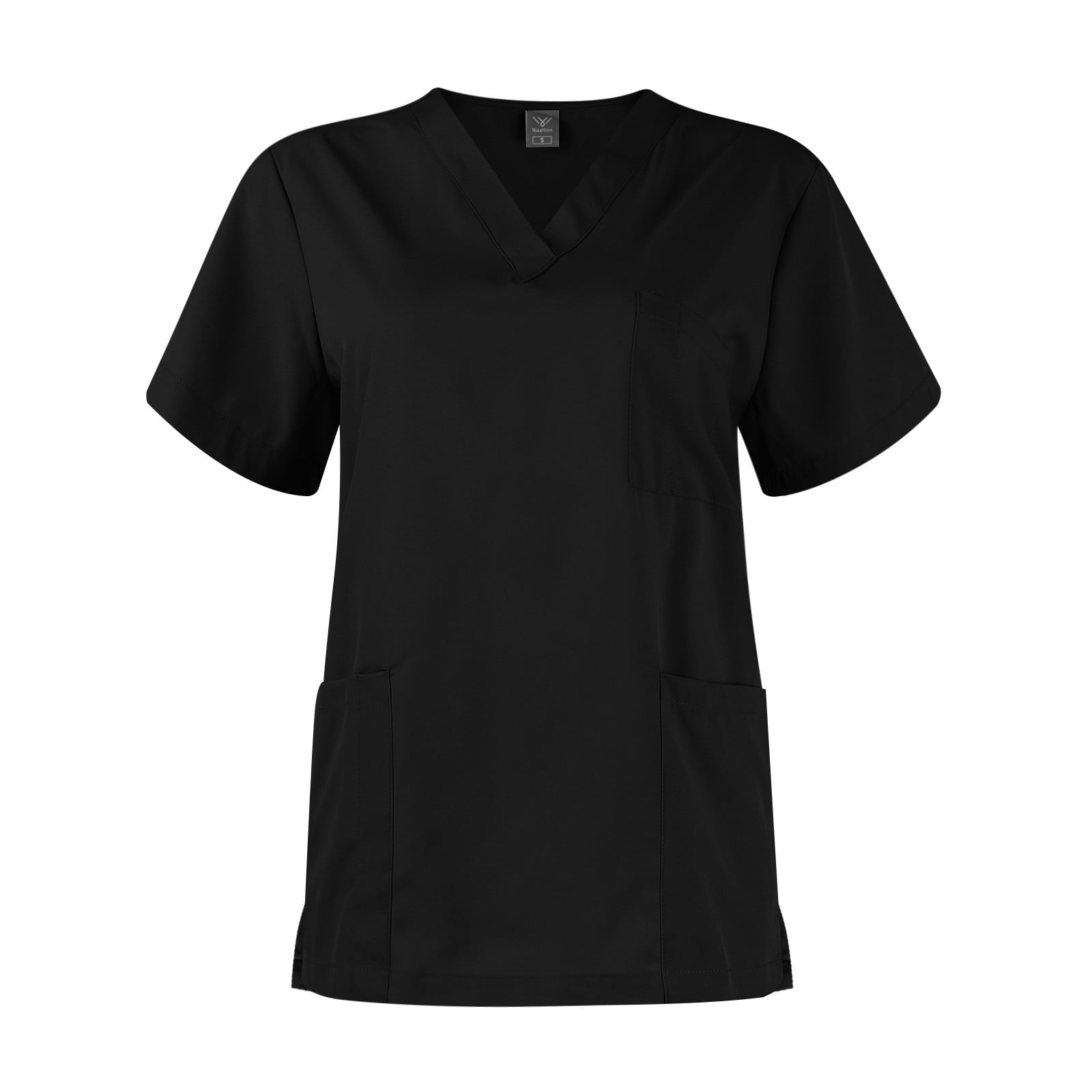 Scrub Sets for Woman Solid Color V-Neck Short Sleeve Long Pants Nurse Uniform with Pock Black S