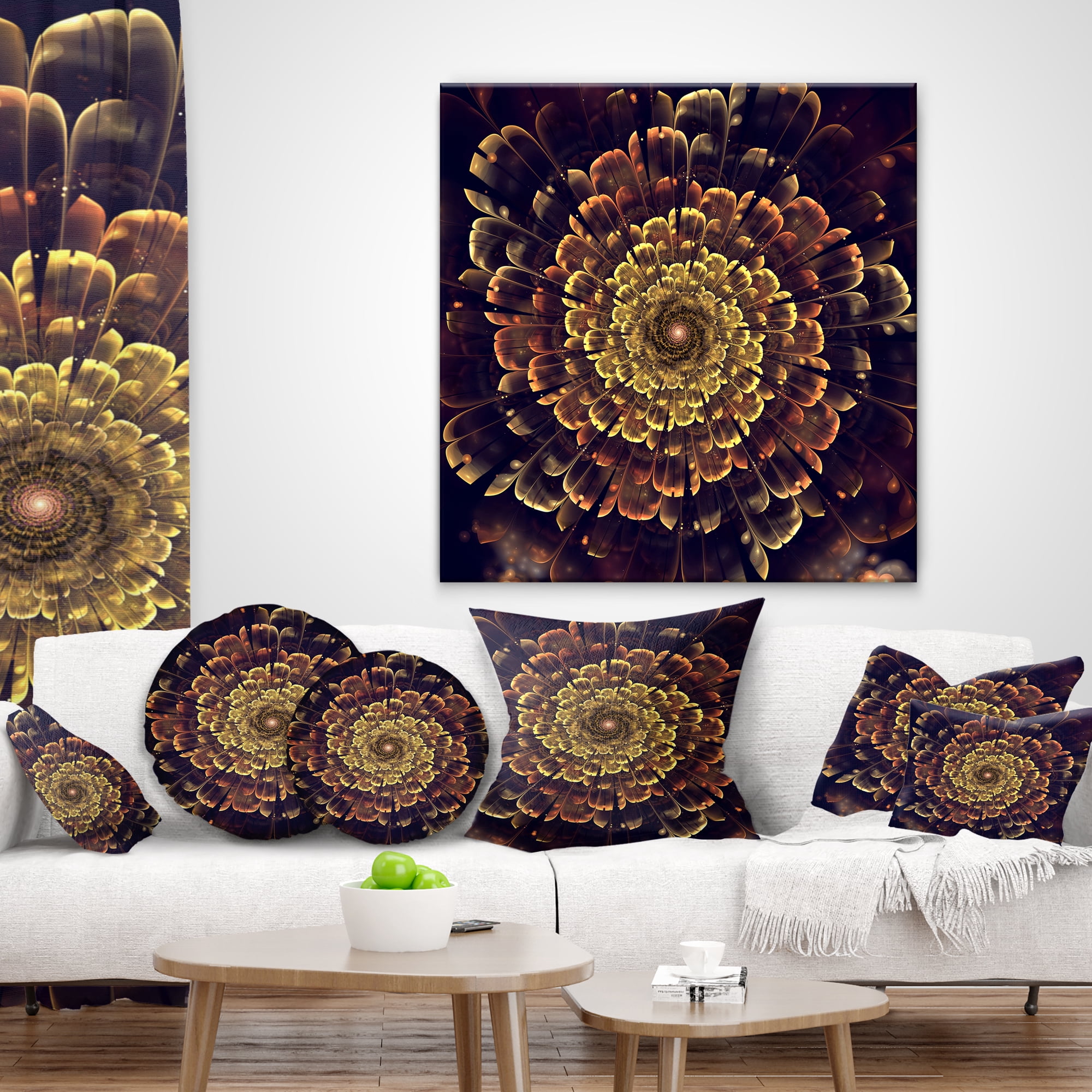Designart Perfect Fractal Flower in Brown and Gold - Floral Throw Pillow - 18x18
