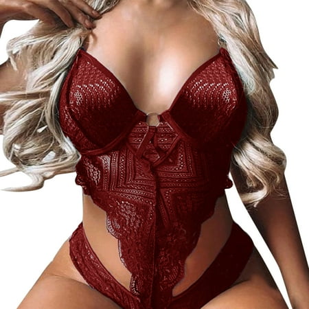 adviicd Yellow Lingerie For Women Women Lingerie Bodysuit Lace Teddy Snap Crotch V Neck Cut Out One Piece Underwire Red 3XL
