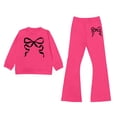 thumbnail image 2 of YMNXA Toddler Kids Girls Outfits Long Sleeve Round Neck Bow Print Pullover And Flare Pants Comfortable Fashion Elegant Sets For Casual Daily Wear,Hot Pink,5-6 Years, 2 of 4