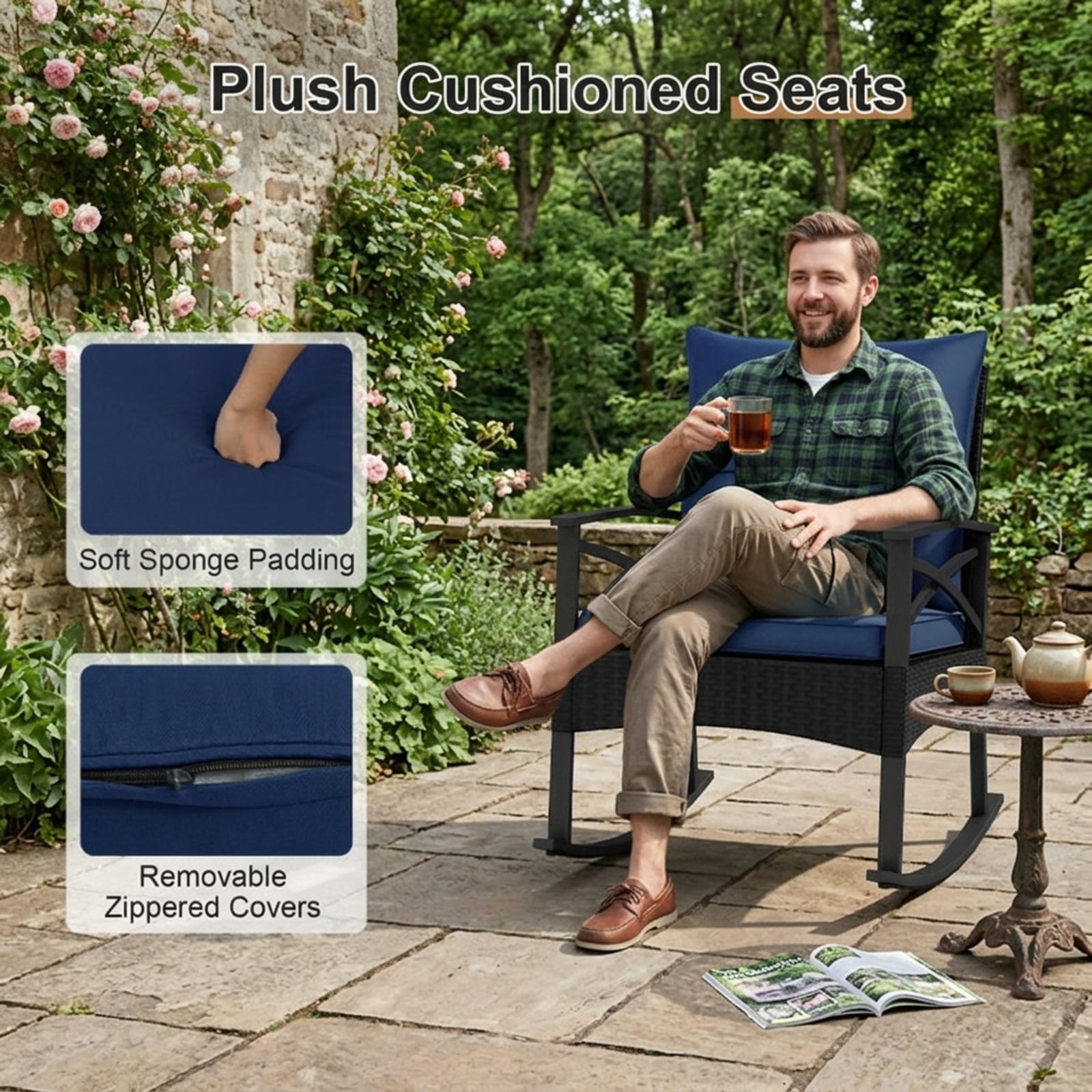 Furnibear 3-Piece Outdoor Rocking Chair Set with Side Table, 2 Wicker Rocking Chairs, Navy Cushions, 400 lbs Capacity, Patio Garden Backyard