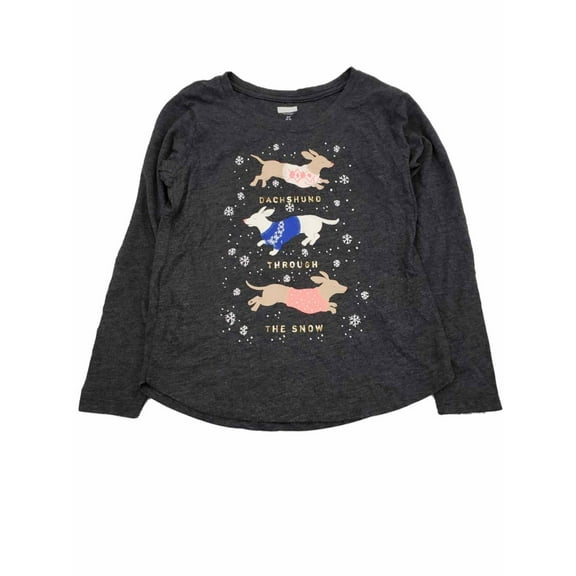 Girls Grey Dachshund Through The Snow Holiday Dog Puppy Tee Shirt Top T-Shirt M