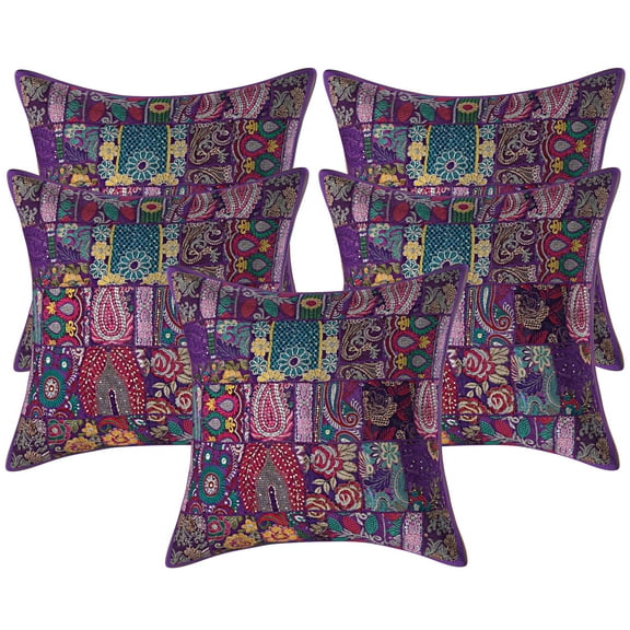 Stylo Culture Ethnic Couch Cotton Purple Large Throw Pillow Covers 24x24 Patchwork Vintage Sofa Christmas Pillow Slipcovers Abstract Floral 60x60 cm Decorative Cushion Covers (Set Of 5)