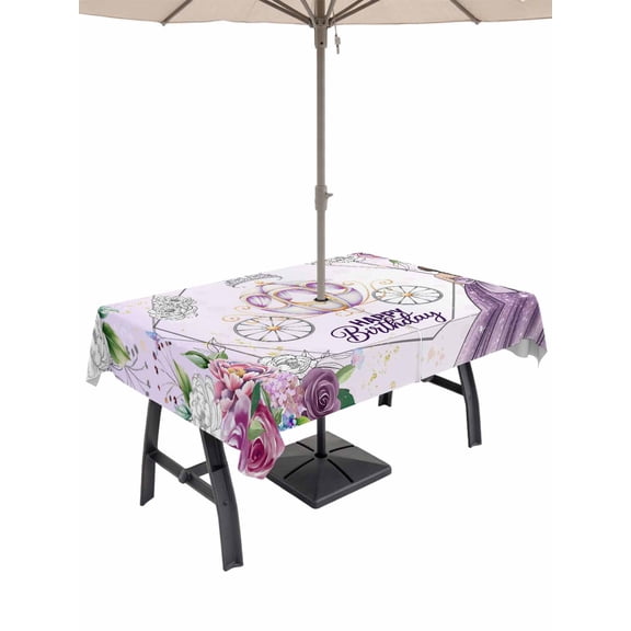 Outdoor Tablecloth with Umbrella Hole and Zipper, Happy Birthday Rectangle Table Cloth 60x102 Inch Waterproof Tablecloth, Purple Luxury Dress Crown Carriage Flowers Picnic Table Cover for Patio