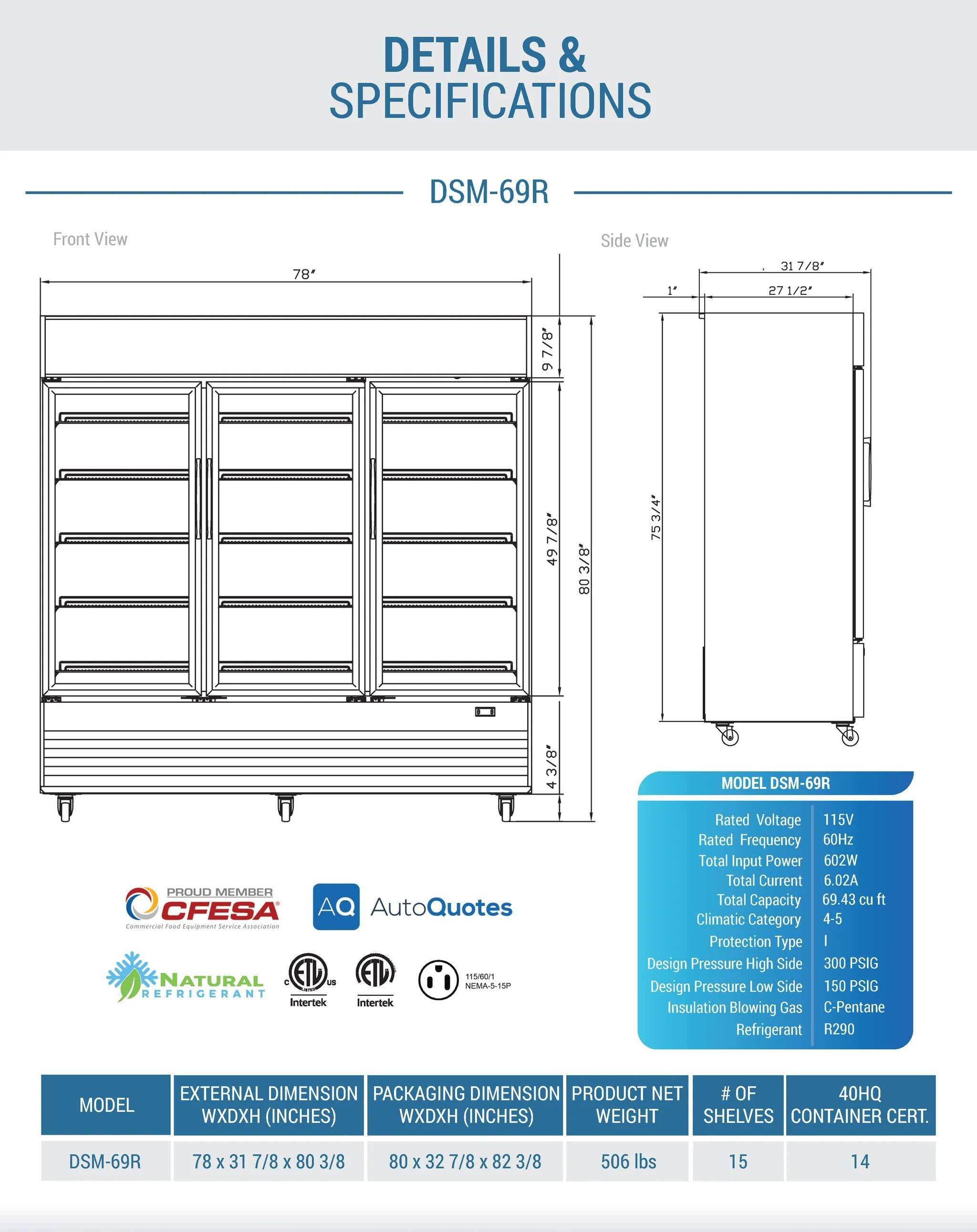 Dukers DSM-69R Commercial Glass Swing 3-Door Merchandiser Refrigerator