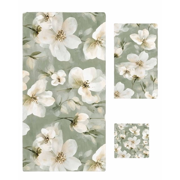 Sage Green Spring Floral Towel Set of 3, Soft Microfiber Bath Towels, Hand Towel, Washcloths, Summer Botanical Flower Quick-Dry Absorbent Towels for Bathroom Kitchen Hotel Beach Gym Spa