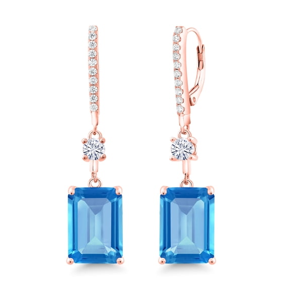 Gem Stone King 18K Rose Gold Plated Silver Dangle Earrings Emerald Cut Swiss Blue Topaz and Moissanite 19.26cttw