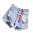 thumbnail image 4 of Pantalones cortos de mujer Vaqueros Cintura alta Agujeros destruidos Pantalones cortos con dobladillo deshilachado, Azul, XXL Vogacara AP001525-10B, 4 of 7