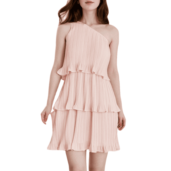 Women's 2024 Summer Sleeveless Mini Dress Boho One Shoulder Ruffle Tiered Layered Elegant Vacation Flowy A Line Dresses (Pink,Large)