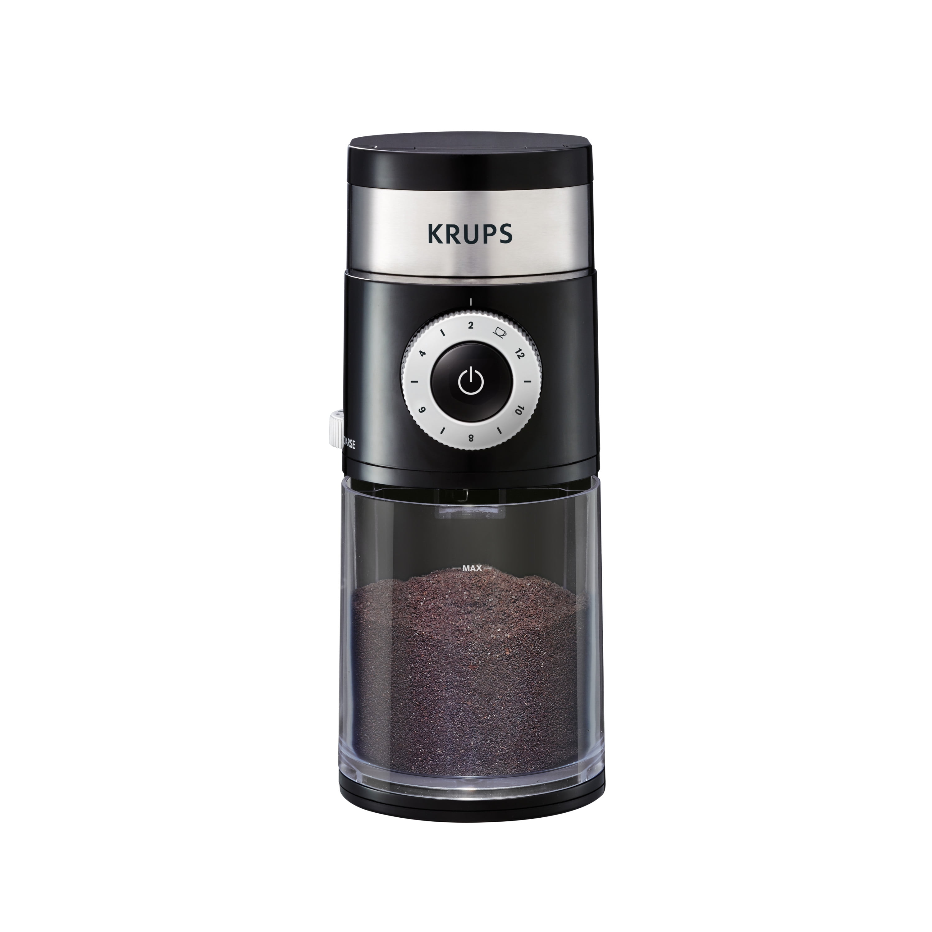 Krups Precise Stainless Steel Flat Burr Grinder 8oz, 32cups bean hopper 12  Grind from Fine to Coarse 110 Watts Removable Container, Drip, Press