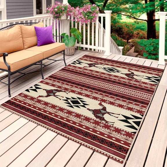Red Beige Boho Outdoor Rug 6x9 Ft, Non Slip Washable Area Rug, Vintage Abstract Art Ethnic Tribe Patio Rugs Carpet Runner, Large Floor Mat for Indoor/Outdoor Deck Porch Camping